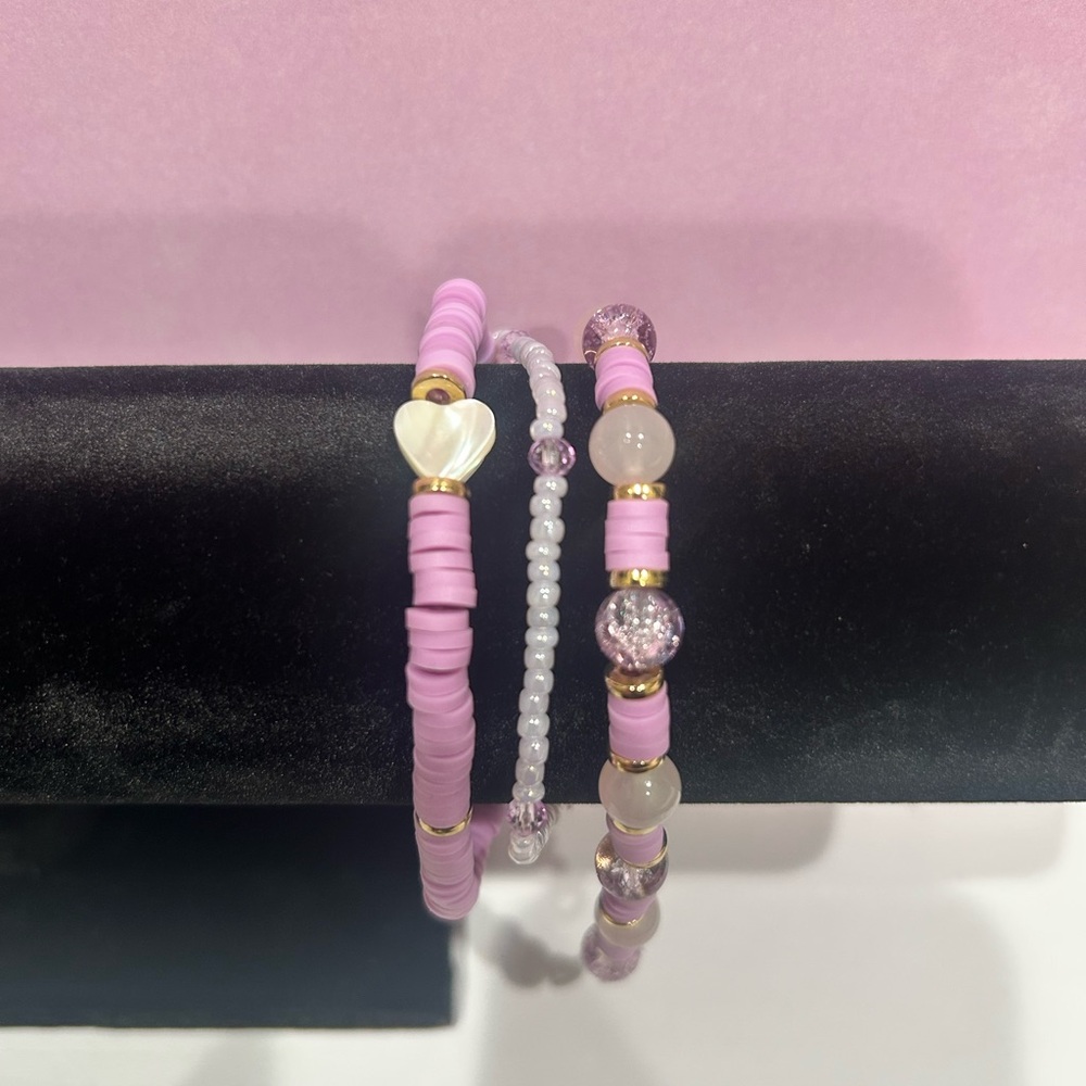 Pink Beaded Heart Stackable Bracelet Set - image 1
